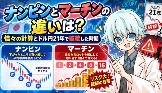 ナンピンとマーチンの違いは？倍々の計算とドル円21年で破綻した時期